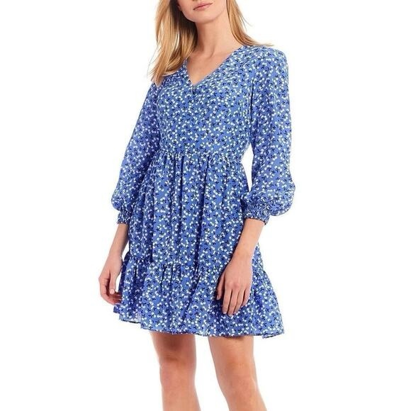 Eliza J Blue Floral Surplice Long Sleeve Dress - Picture 1 of 6